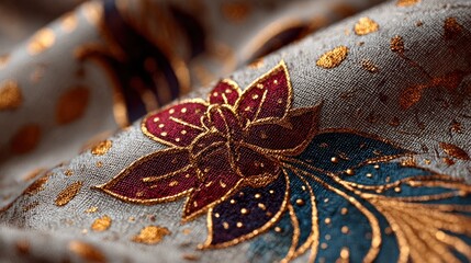 Opulent Texture: Close-Up of Intricate Floral Embroidery on Delicate Fabric