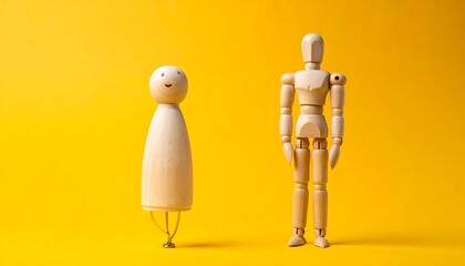 Two wooden figures on a yellow background