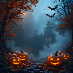 Pumpkins sitting on the ground in front of a historic castle during autumn season with scenic background and halloween festive atmosphere