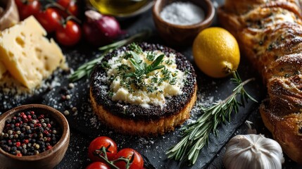Delicious culinary arrangement, featuring gourmet food elements on dark slate
