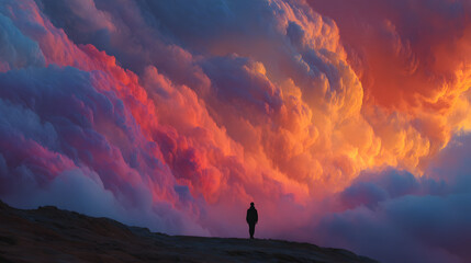Silhouette of a Person Amidst a Dramatic Colorful Cloud Landscape