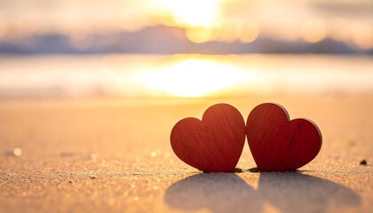Two wooden hearts on sandy beach at sunrise