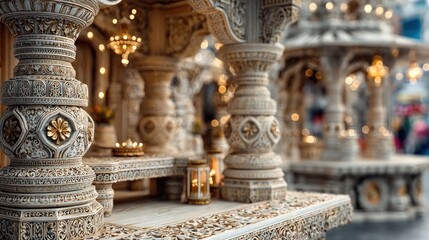 Elaborate carvings adorn the pillars and surfaces of a temple structure