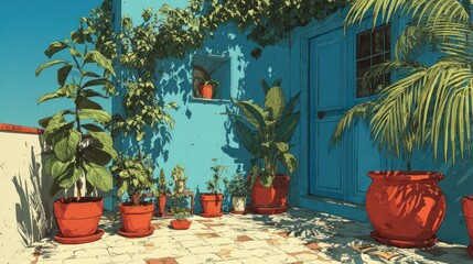 Tranquil Terrace Garden with Vibrant Plants and Blue Architecture Design