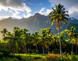 Tropical paradise with mountains and palm trees