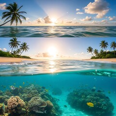 Tropical Beach Sunrise Underwater Coral Reef.