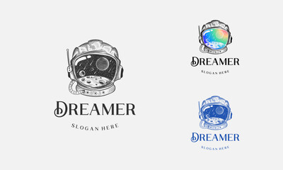 Dreamer Logo Hand drawn, Vintage space helmet concept with moon and galaxy landscape isolated vector illustration