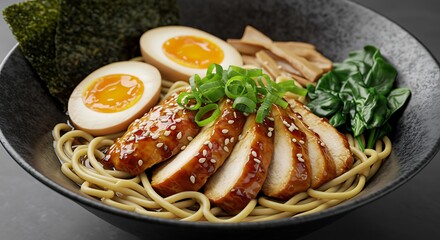 Delicious ramen bowl with noodles eggs chicken and fresh vegetables