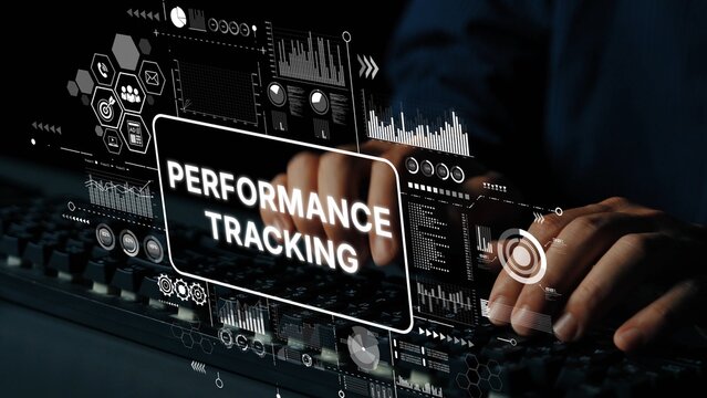 Hands on keyboard with digital interface displaying performance tracking metrics and analytics concept in modern workspace. Asymptotic smart data analytic.