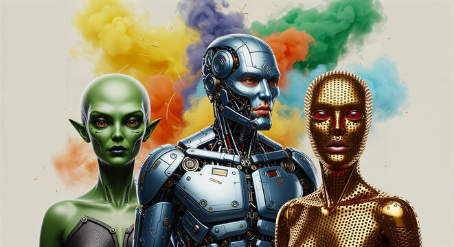 Sci-Fi Alien-Cyborg-Android Triad in colorful smoke Intense gaze, futuristic diversity and artificial identities emerging