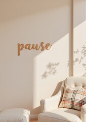 Cozy chair with plaid cushion and wood "pause" sign on wall  