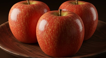 Fresh red apples displayed on a wooden plate studio lighting