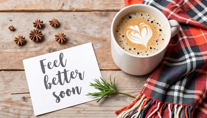 Coffee cup with heart latte art, plaid scarf, and card on wooden table  