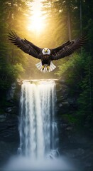 Majestic Eagle Soaring Over Waterfall.