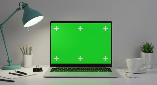 Modern office desktop with a single laptop displaying a blank green screen for compositing. High key lighting, copy space