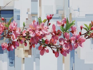 Vibrant pink blossoms cascade against a backdrop of muted pastel hues and architectural forms, creating a serene and sophisticated artistic composition.