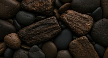 Close up of various river rocks textures and colors for natural backgrounds