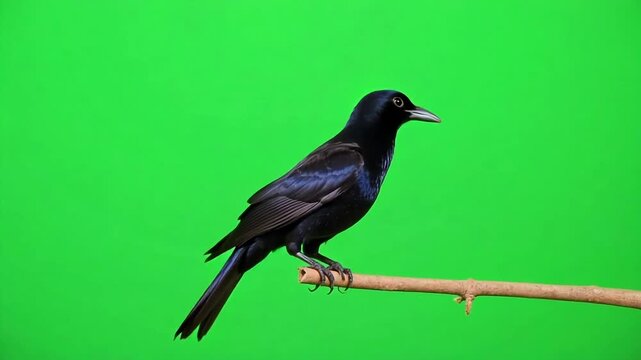 Captivating grackle bird with vibrant iridescent plumage perching on a wooden branch, ready for seamless chroma key video editing.