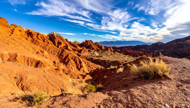 Dramatic Desert Landscape with Red Rock Formations and Blue Sky.