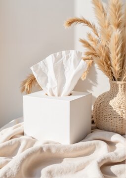 Modern tissue box with white tissues and dried flowers on table  