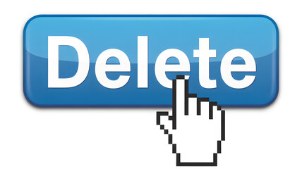 A blue delete button with a pixelated hand cursor pointing to it on a white background image view