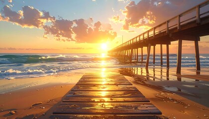 Golden hour over the ocean, pier silhouette and reflections on the beach