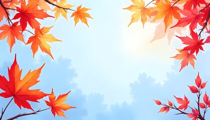 Fototapeta premium Vibrant autumn maple leaves in warm reds and oranges frame a serene blue sky, creating a beautiful seasonal backdrop for your designs.