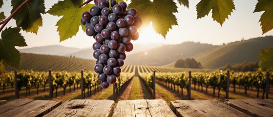 rustic wooden surface with expansive vineyard landscape for showcasing products | food, wine, agriculture, travel, product theme