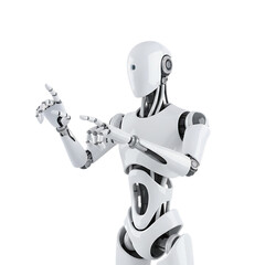 Fototapeta premium 3d illustration of a sleek white robot pointing with both hands isolated on transparent background, representing technology and innovation in a futuristic context