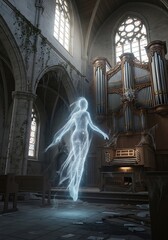 Ghostly Figure in Abandoned Church Interior.