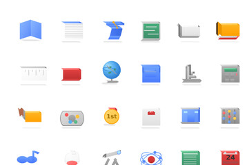 A collection of colorful, stylized 3D icons representing various school subjects and educational items on a white background.