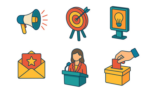 Flat design icons of marketing, targeting, innovation, communication, leadership, and voting