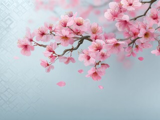 Delicate pink blossoms gracefully adorn a light-gray backdrop, creating a serene and springtime ambiance.