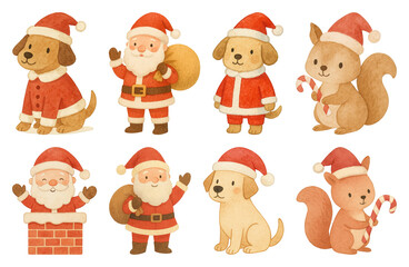Obraz premium PNG Festive cartoon animals and Santa, element set on transparent background
