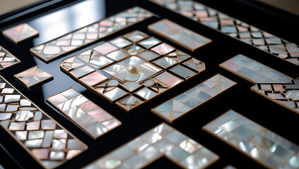 Korean mother-of-pearl patterns. Korean Lacquerware Pattern Design, featuring intricate Mother-of-Pearl Inlay on a rich black Lacquer background, crafted by traditional Korean Najeonchilgi artists