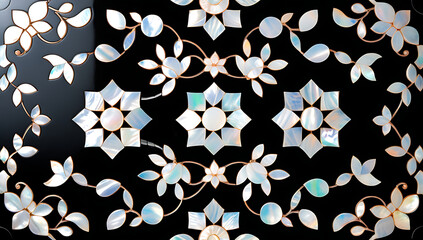 Korean mother-of-pearl patterns. Korean Lacquerware Pattern Design, featuring intricate Mother-of-Pearl Inlay on a rich black Lacquer background, crafted by traditional Korean Najeonchilgi artists