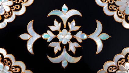 Korean mother-of-pearl patterns. Korean Lacquerware Pattern Design, featuring intricate Mother-of-Pearl Inlay on a rich black Lacquer background, crafted by traditional Korean Najeonchilgi artists