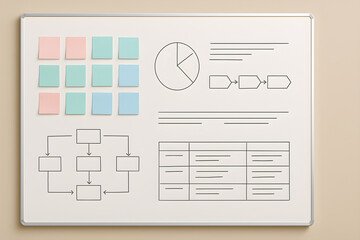 Whiteboard with Business Data, Diagrams, and Colorful Sticky Notes