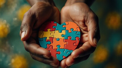 supportive hands cradling vibrant autism puzzle pieces representing connection and understanding | autism, mental health, inclusion, hope, support theme