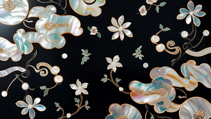 Korean mother-of-pearl patterns. Korean Lacquerware Pattern Design, featuring intricate Mother-of-Pearl Inlay on a rich black Lacquer background, crafted by traditional Korean Najeonchilgi artists