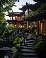 Fototapeta premium Serene Japanese garden estate entrance with tranquil stone pathway leading to elegant traditional architecture and lush greenery