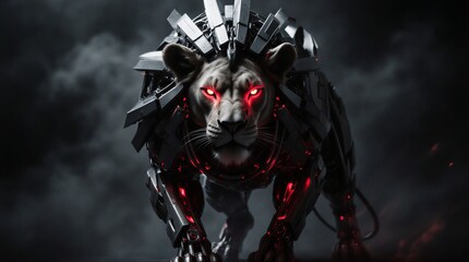 cybernetic lion with intricate mechanical details and glowing eyes | science fiction, robotics, fantasy, cyberpunk, artificial intelligence theme