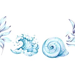 Seamless pattern background wallpaper featuring summer vacation themes such as ocean waves, seashells, and tropical leaves for festive occasions