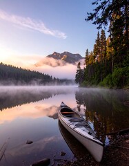 Tranquil lake sunrise with kayak