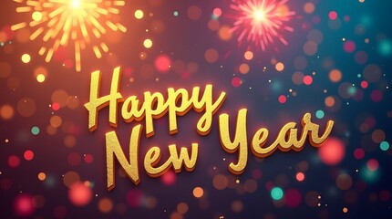 Celebrate momentous occasions with vibrant golden 'Happy New Year' text amidst dazzling fireworks and bokeh lights creating an atmosphere of joy and festivity