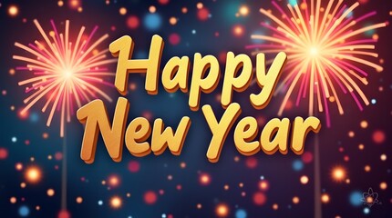 Celebrate new beginnings with vibrant fireworks and sparkling golden text wishing everyone a Happy New Year, perfect for festive greetings and event promotions.