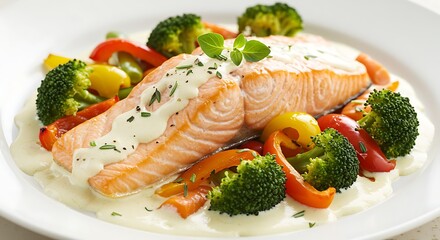 Delicious salmon fillet with vegetables on a white plate culinary concept