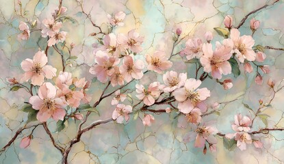 Delicate blossoms in soft pinks and pastel hues grace a marbled backdrop, creating a serene and romantic floral artwork.