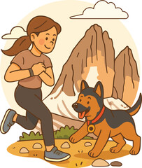 Woman and German Shepherd Running Jogging Outdoor Mountain Path Cartoon Illustration