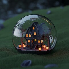 Enchanting miniature haunted house illuminated within a glowing glass orb on grassy terrain